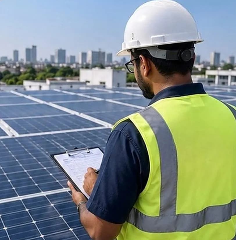 OSLEOS engineer inspecting a rooftop solar array